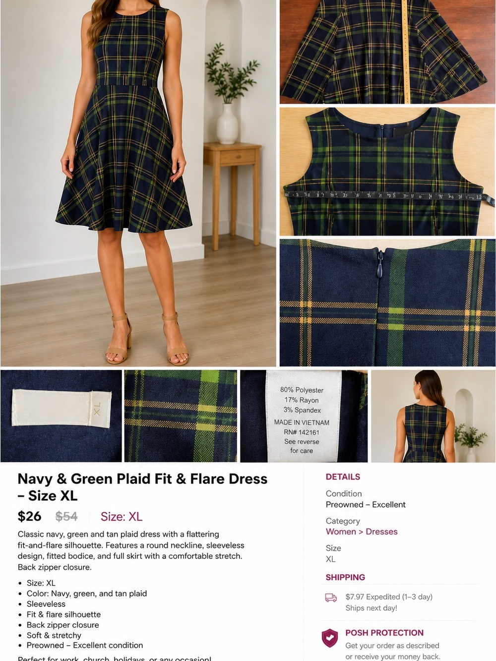 Navy & Green Plaid Sleeveless Fit-and-Flare Midi Dress